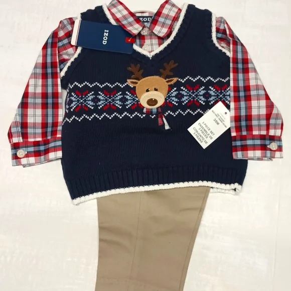 NWT IZOD Baby Christmas matching sets 3pc plaid sweater vest/shirt/pants Sz 3-6m - Picture 1 of 10